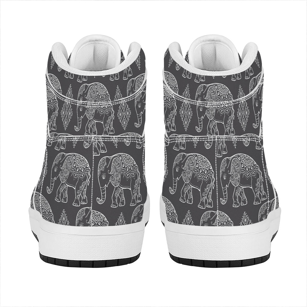 White And Grey Indian Elephant Print High Top Leather Sneakers