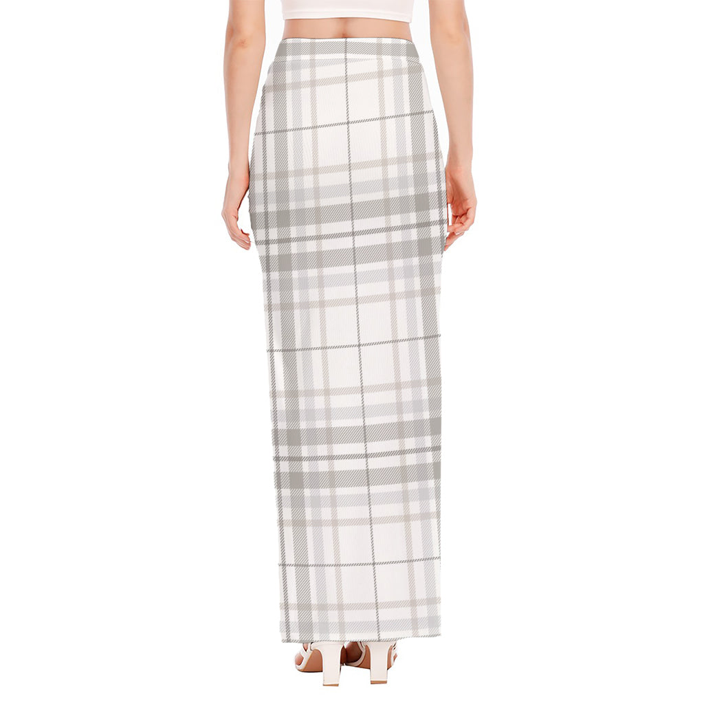 White And Grey Plaid Pattern Print High Slit Maxi Skirt