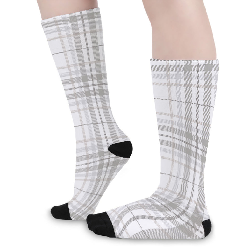 White And Grey Plaid Pattern Print Long Socks