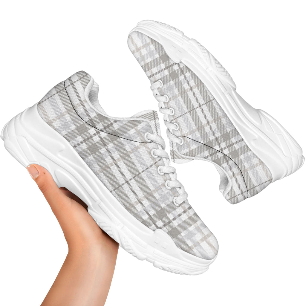 White And Grey Plaid Pattern Print White Chunky Shoes