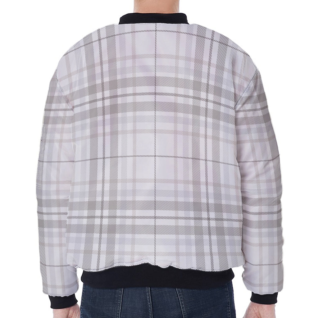 White And Grey Plaid Pattern Print Zip Sleeve Bomber Jacket