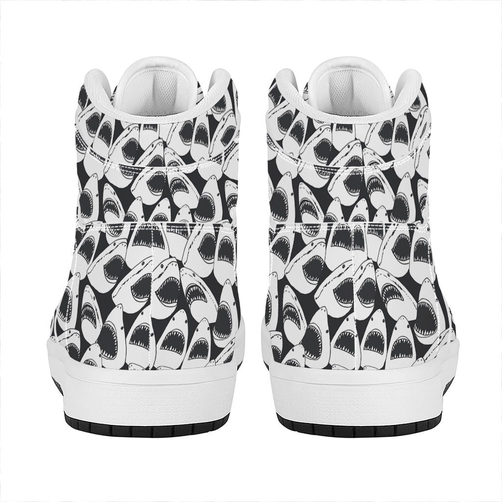White And Grey Shark Pattern Print High Top Leather Sneakers