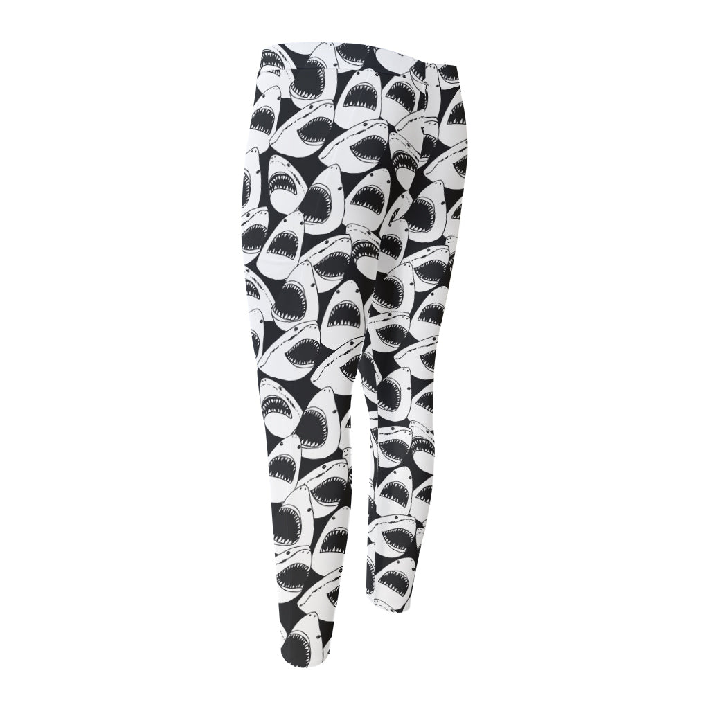 White And Grey Shark Pattern Print Men's Compression Pants