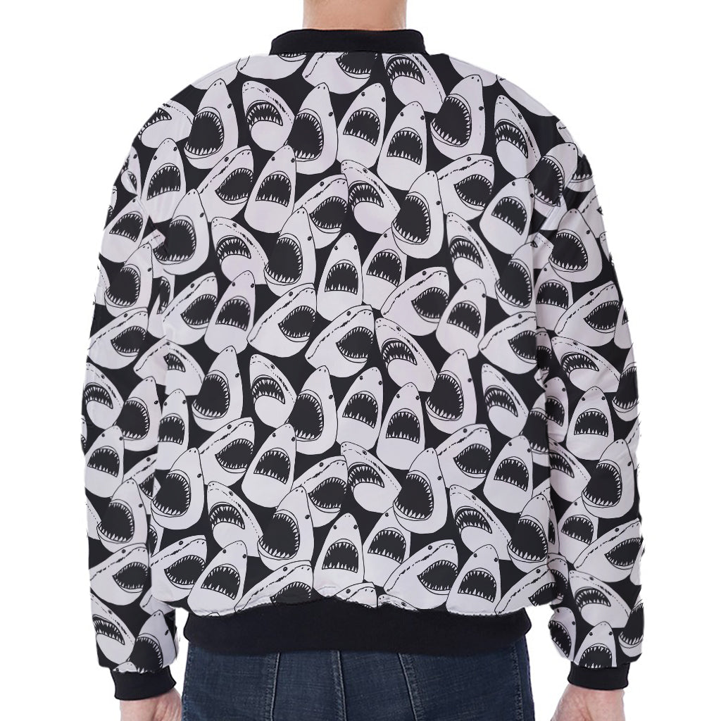 White And Grey Shark Pattern Print Zip Sleeve Bomber Jacket