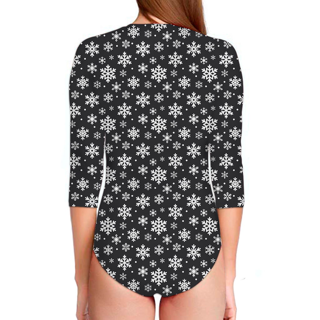 White And Grey Snowflake Pattern Print Long Sleeve Swimsuit
