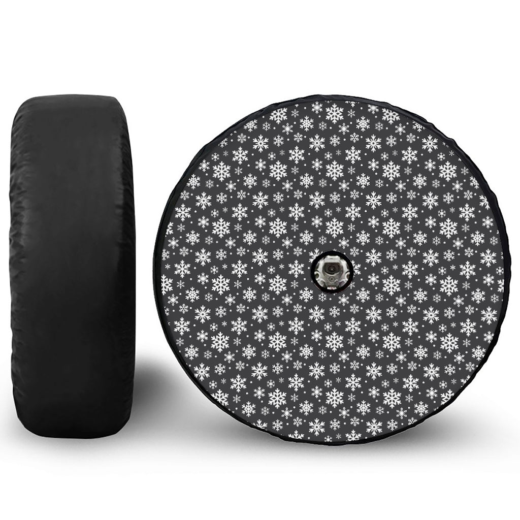 White And Grey Snowflake Pattern Print Tire Cover With Camera Hole