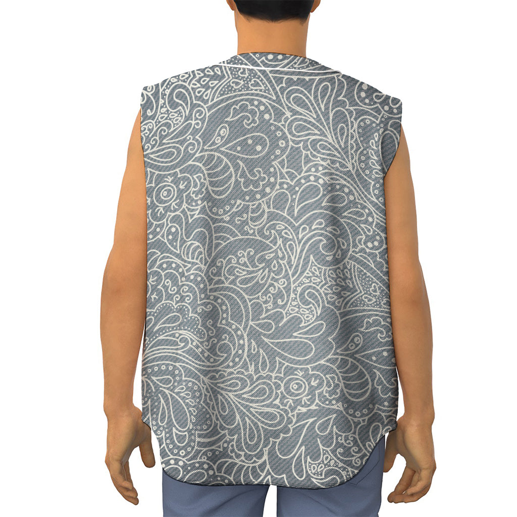 White And Grey Western Floral Print Sleeveless Baseball Jersey
