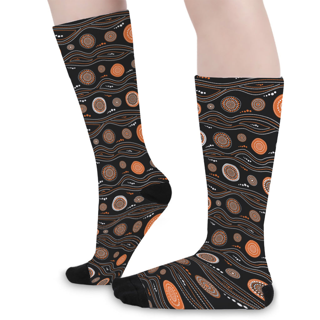 White And Orange Aboriginal Dot Print Long Socks