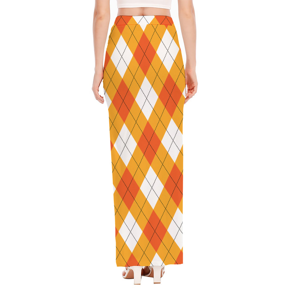 White And Orange Argyle Pattern Print High Slit Maxi Skirt
