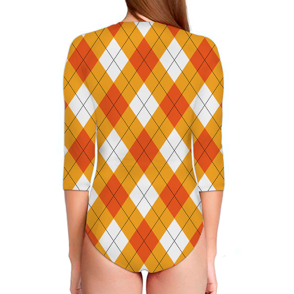 White And Orange Argyle Pattern Print Long Sleeve Swimsuit