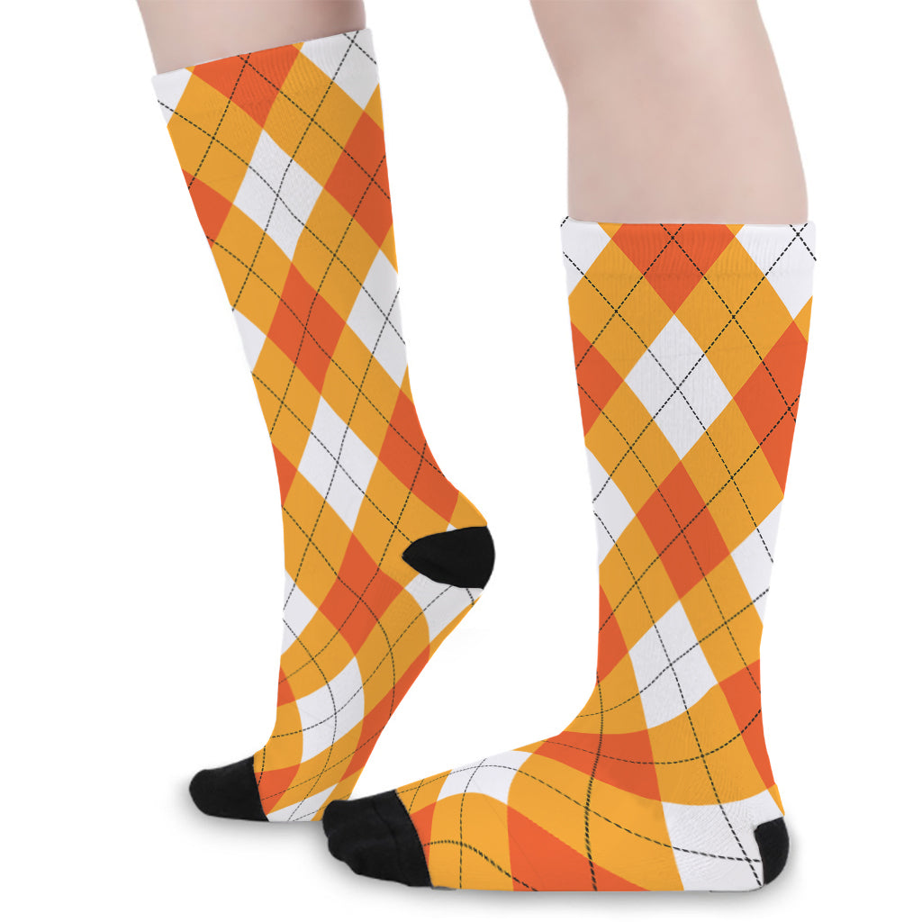 White And Orange Argyle Pattern Print Long Socks