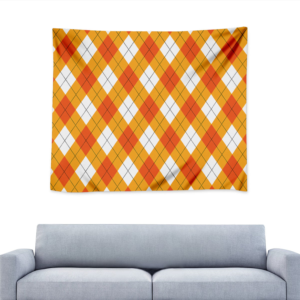 White And Orange Argyle Pattern Print Tapestry
