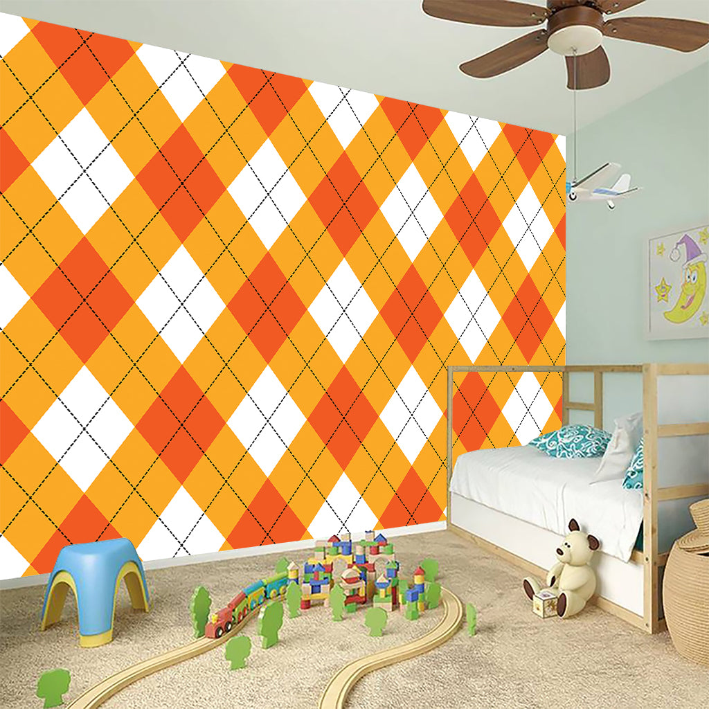White And Orange Argyle Pattern Print Wall Sticker