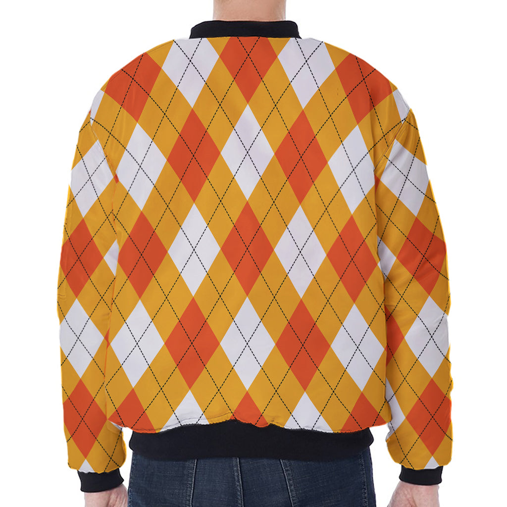 White And Orange Argyle Pattern Print Zip Sleeve Bomber Jacket