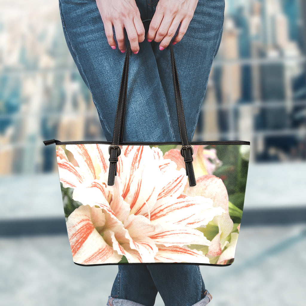 White And Pink Amaryllis Print Leather Tote Bag
