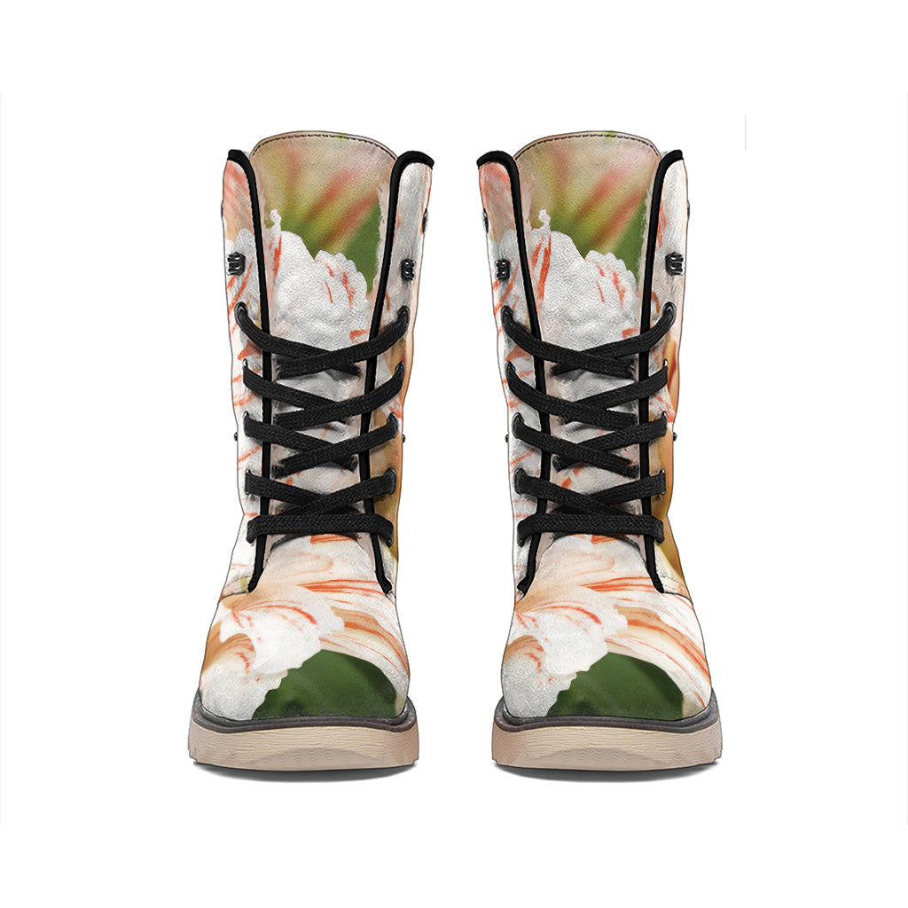 White And Pink Amaryllis Print Winter Boots