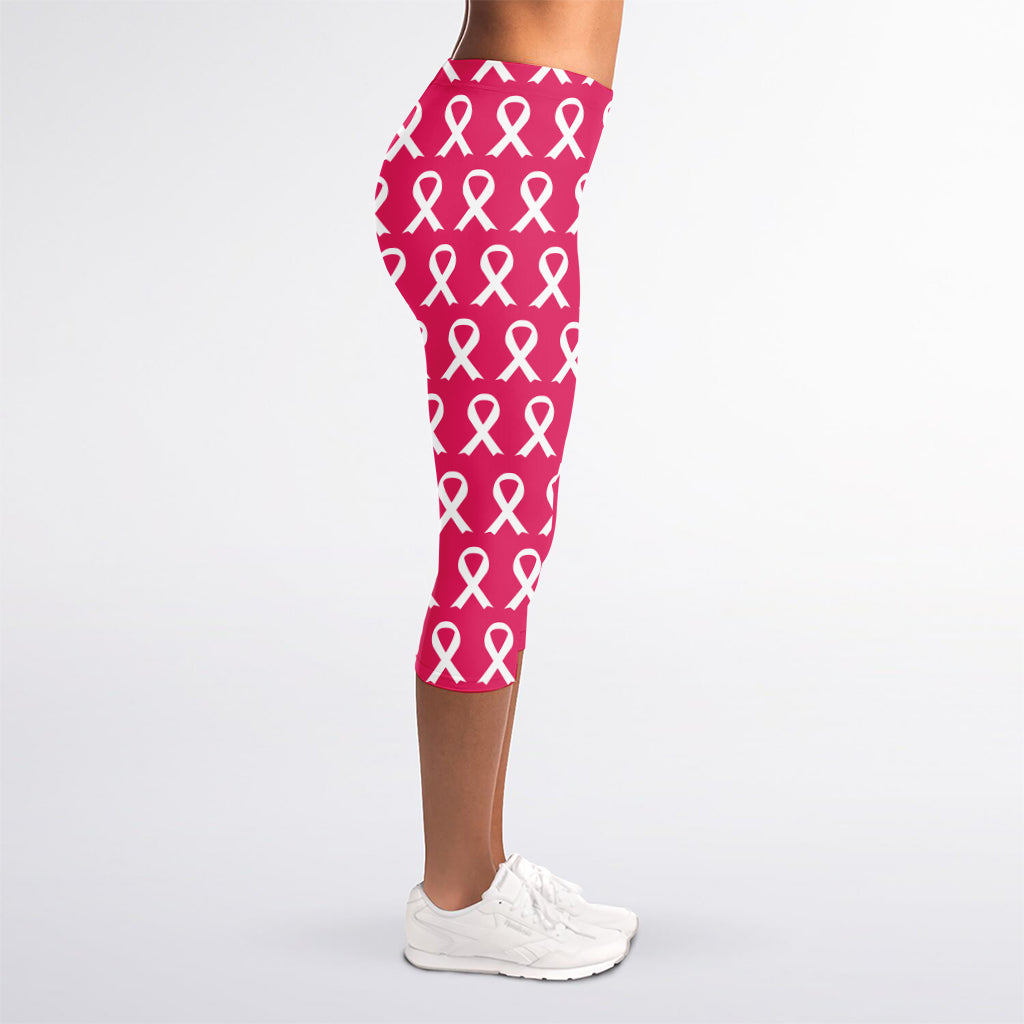 White And Pink Breast Cancer Print Women's Capri Leggings