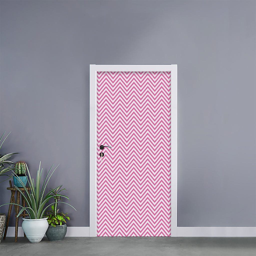 White And Pink Zigzag Pattern Print Door Sticker