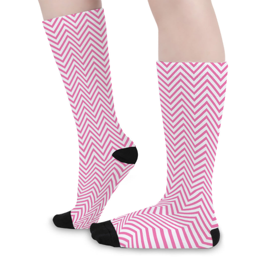 White And Pink Zigzag Pattern Print Long Socks