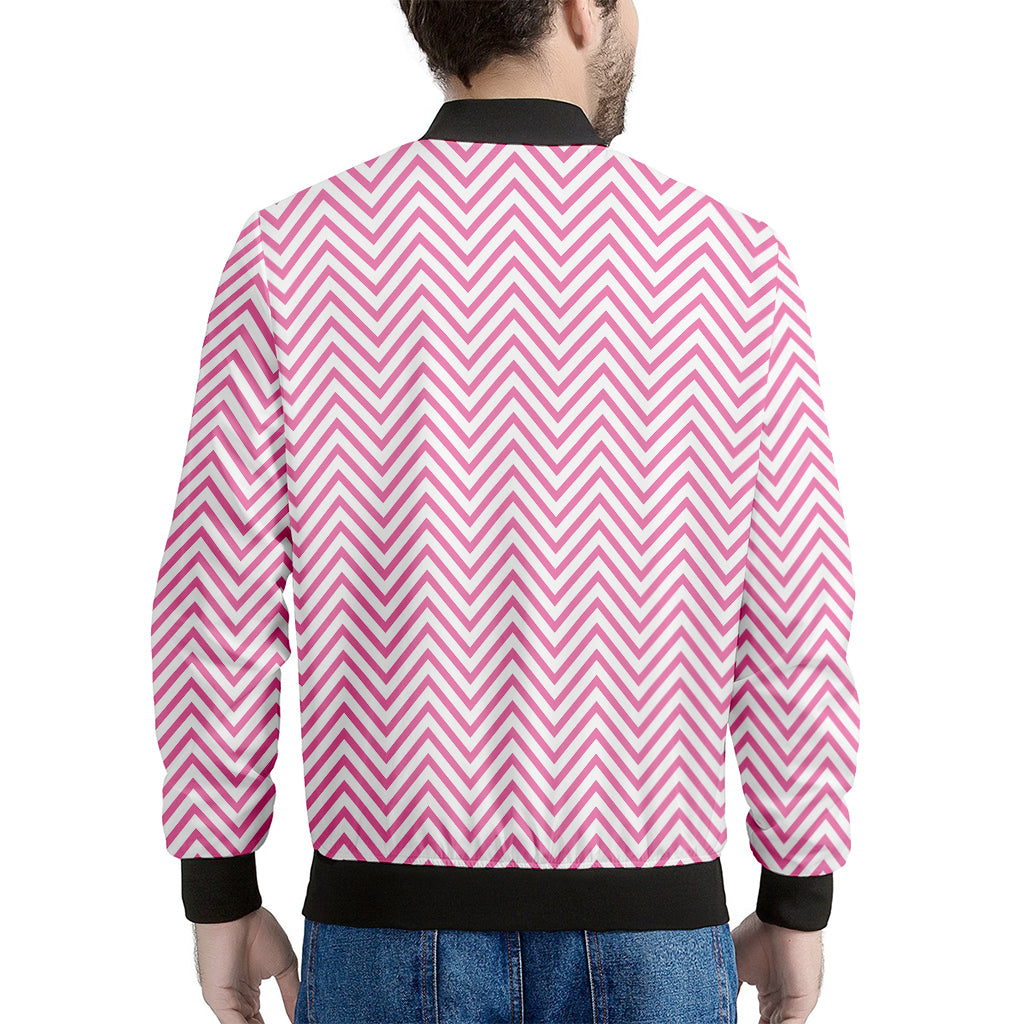 White And Pink Zigzag Pattern Print Men's Bomber Jacket