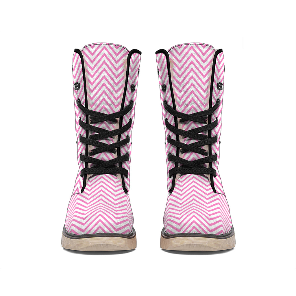 White And Pink Zigzag Pattern Print Winter Boots