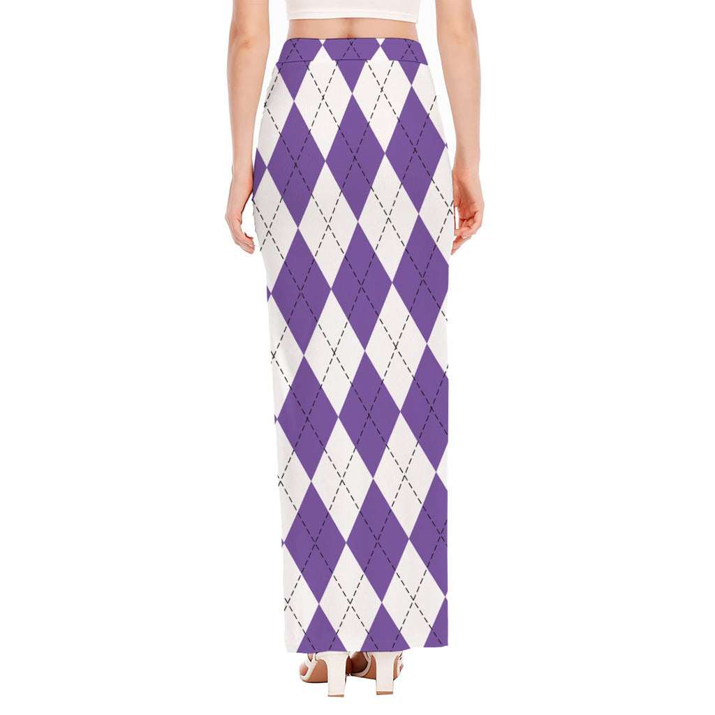 White And Purple Argyle Pattern Print High Slit Maxi Skirt