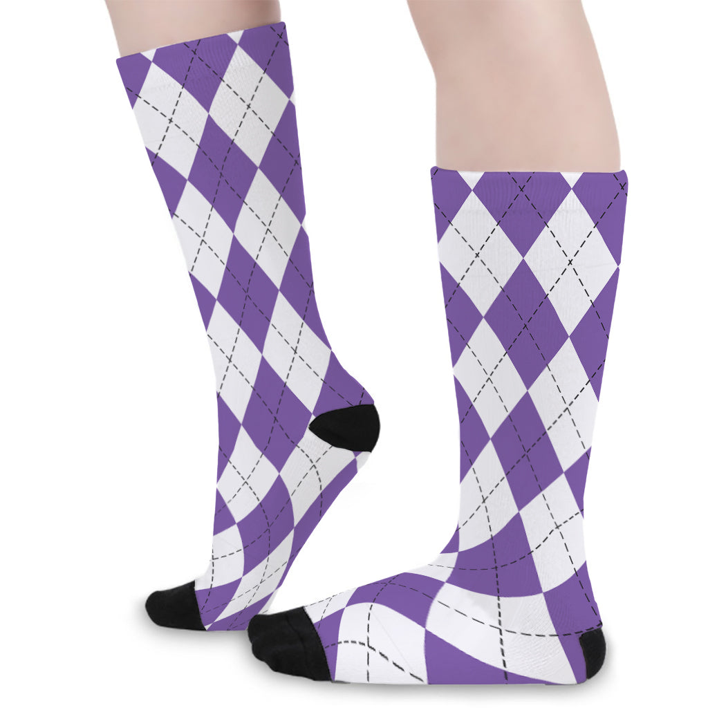 White And Purple Argyle Pattern Print Long Socks