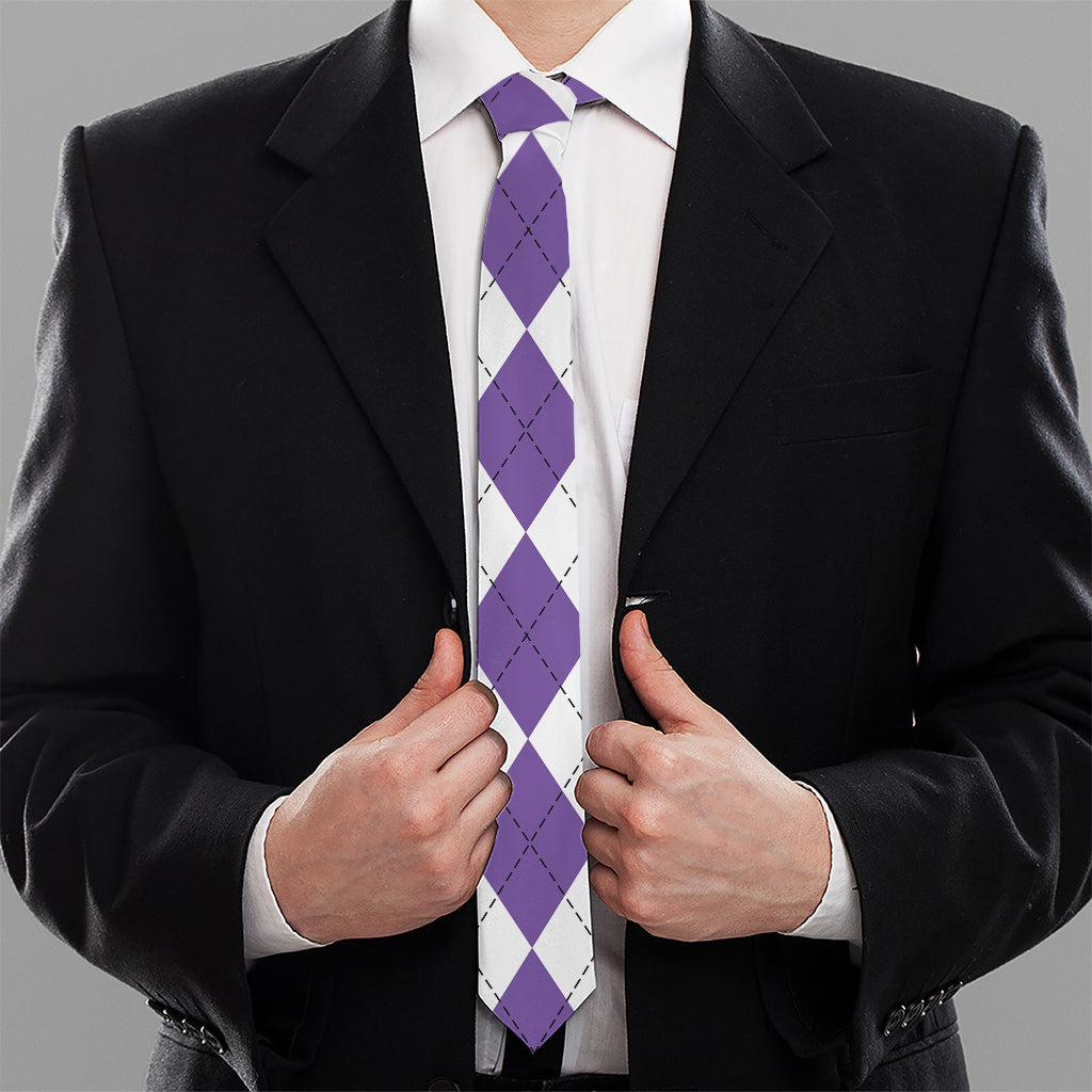 White And Purple Argyle Pattern Print Necktie