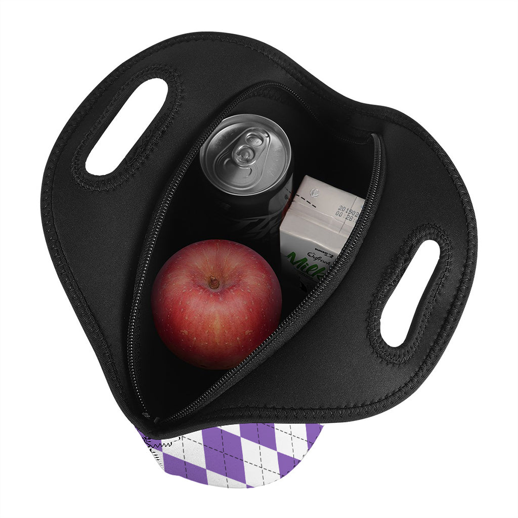 White And Purple Argyle Pattern Print Neoprene Lunch Bag