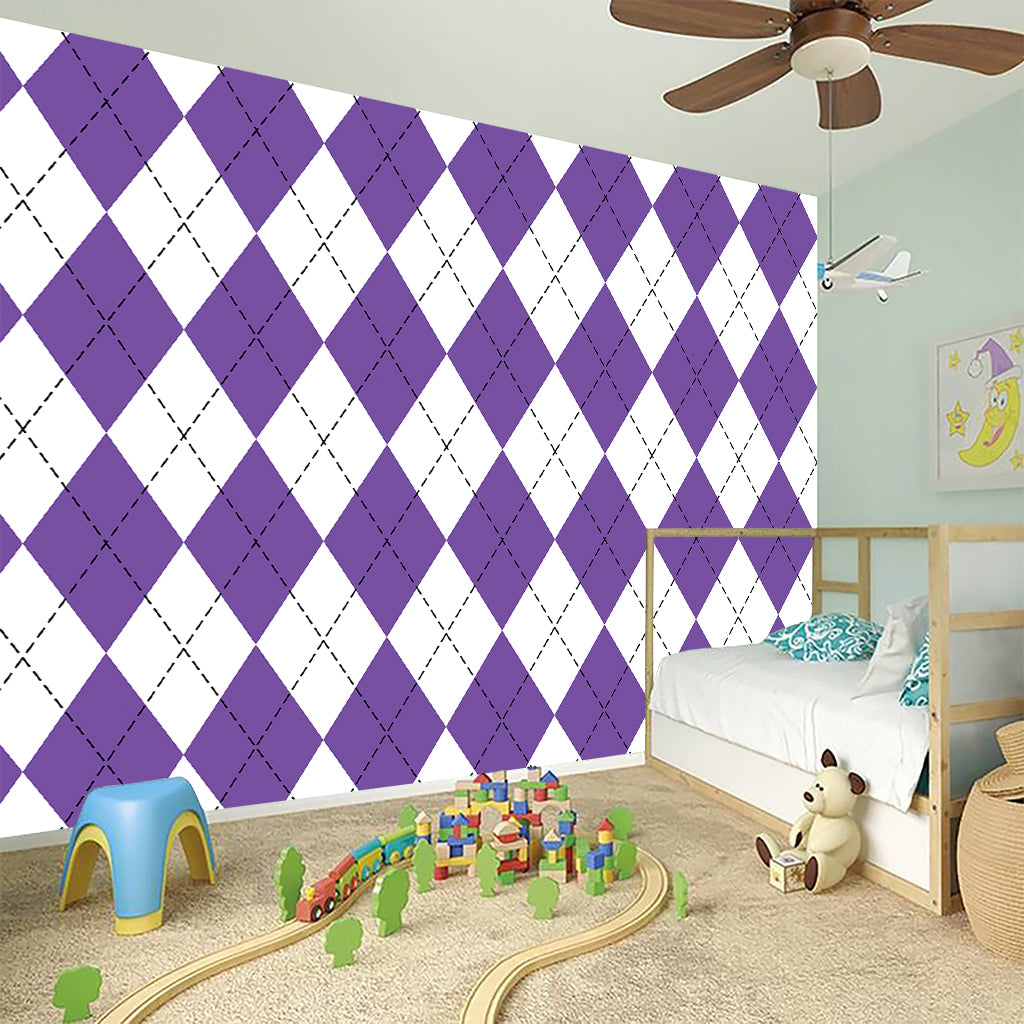 White And Purple Argyle Pattern Print Wall Sticker