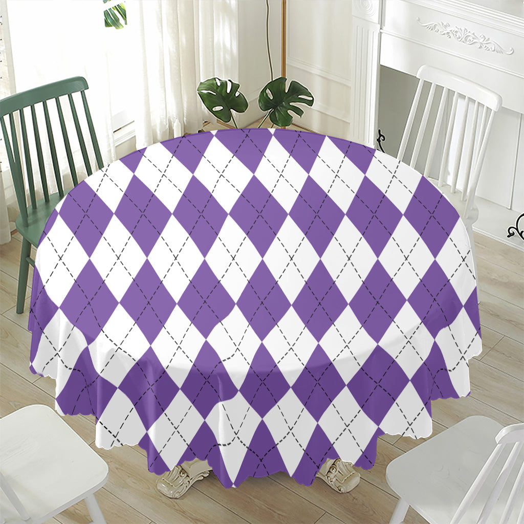 White And Purple Argyle Pattern Print Waterproof Round Tablecloth