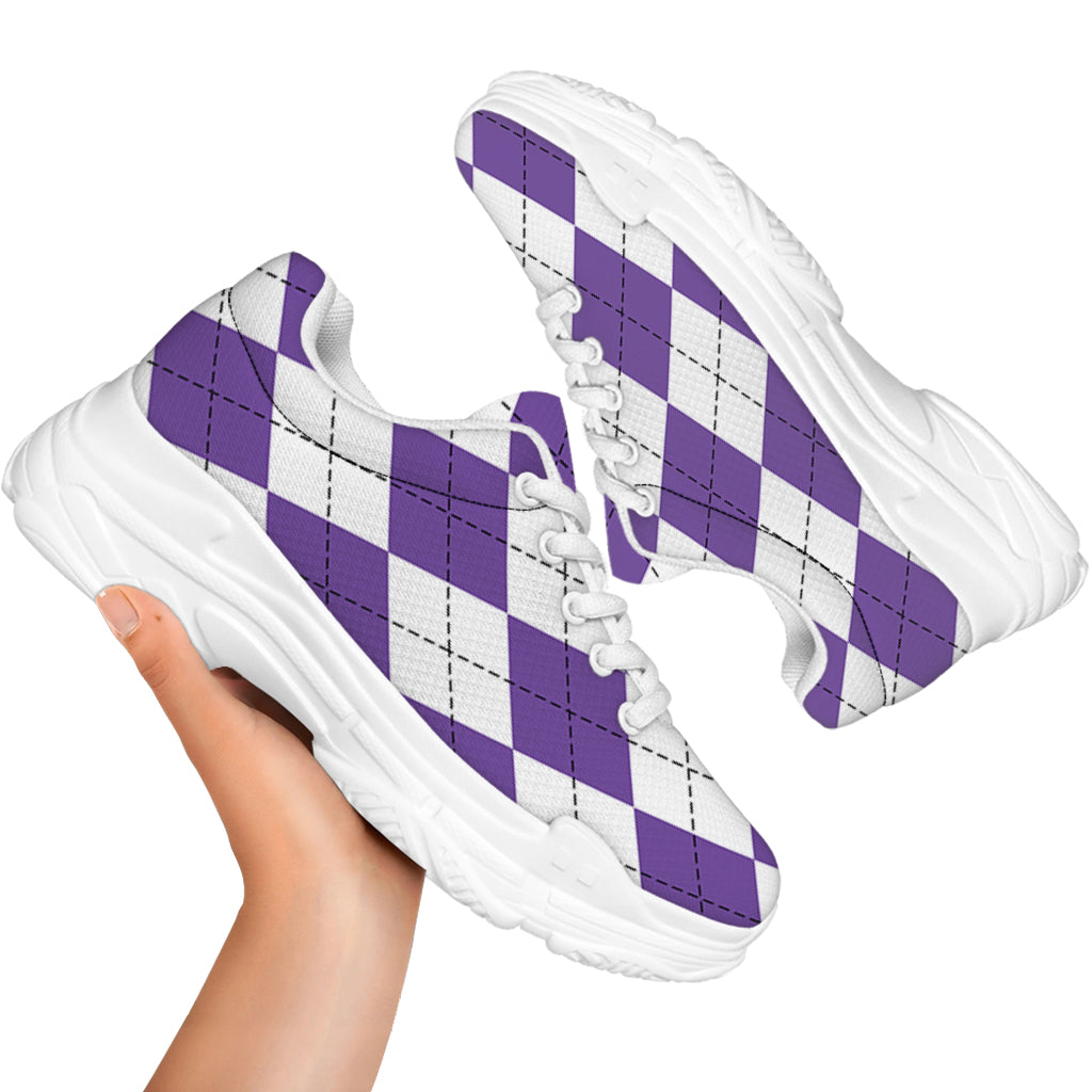 White And Purple Argyle Pattern Print White Chunky Shoes