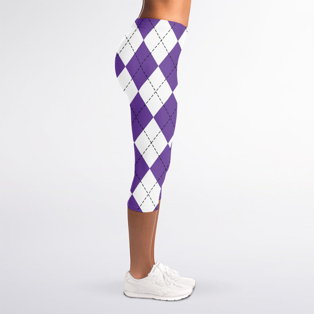 White And Purple Argyle Pattern Print Women's Capri Leggings
