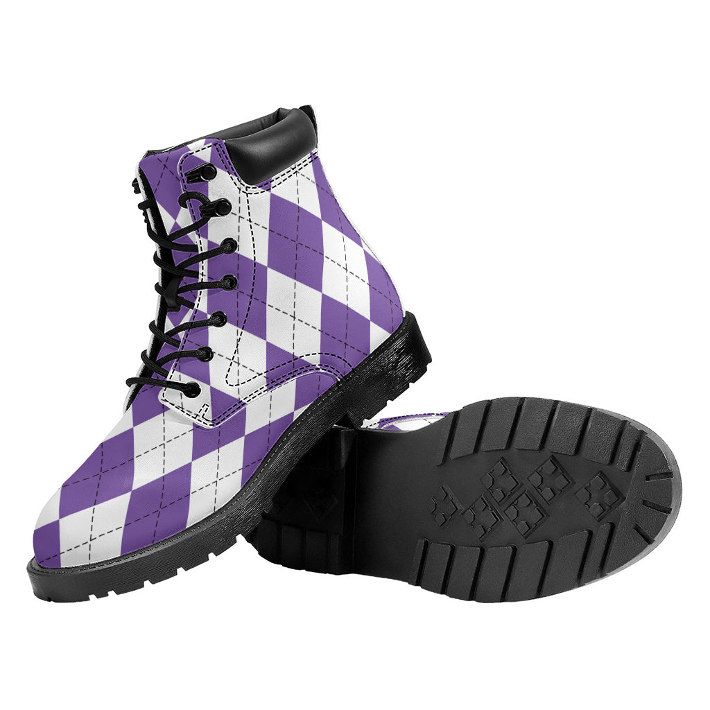 White And Purple Argyle Pattern Print Work Boots