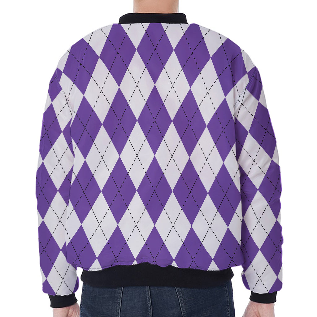 White And Purple Argyle Pattern Print Zip Sleeve Bomber Jacket