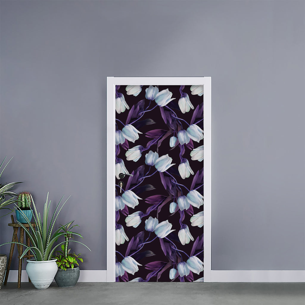 White And Purple Tulip Pattern Print Door Sticker