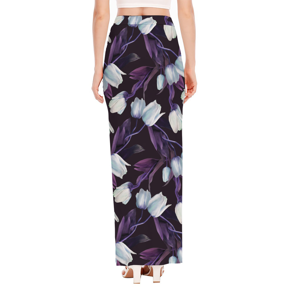 White And Purple Tulip Pattern Print High Slit Maxi Skirt