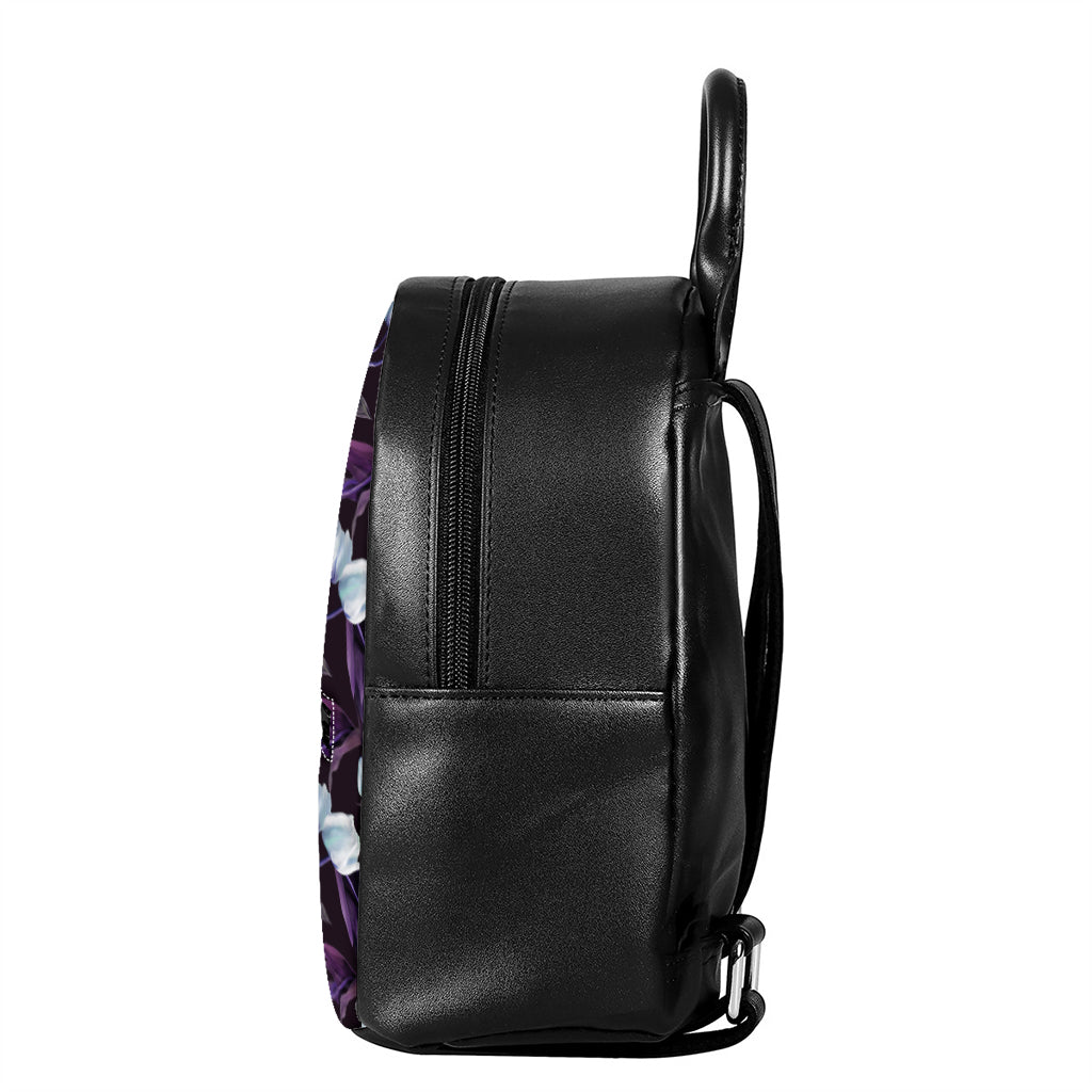 White And Purple Tulip Pattern Print Leather Backpack