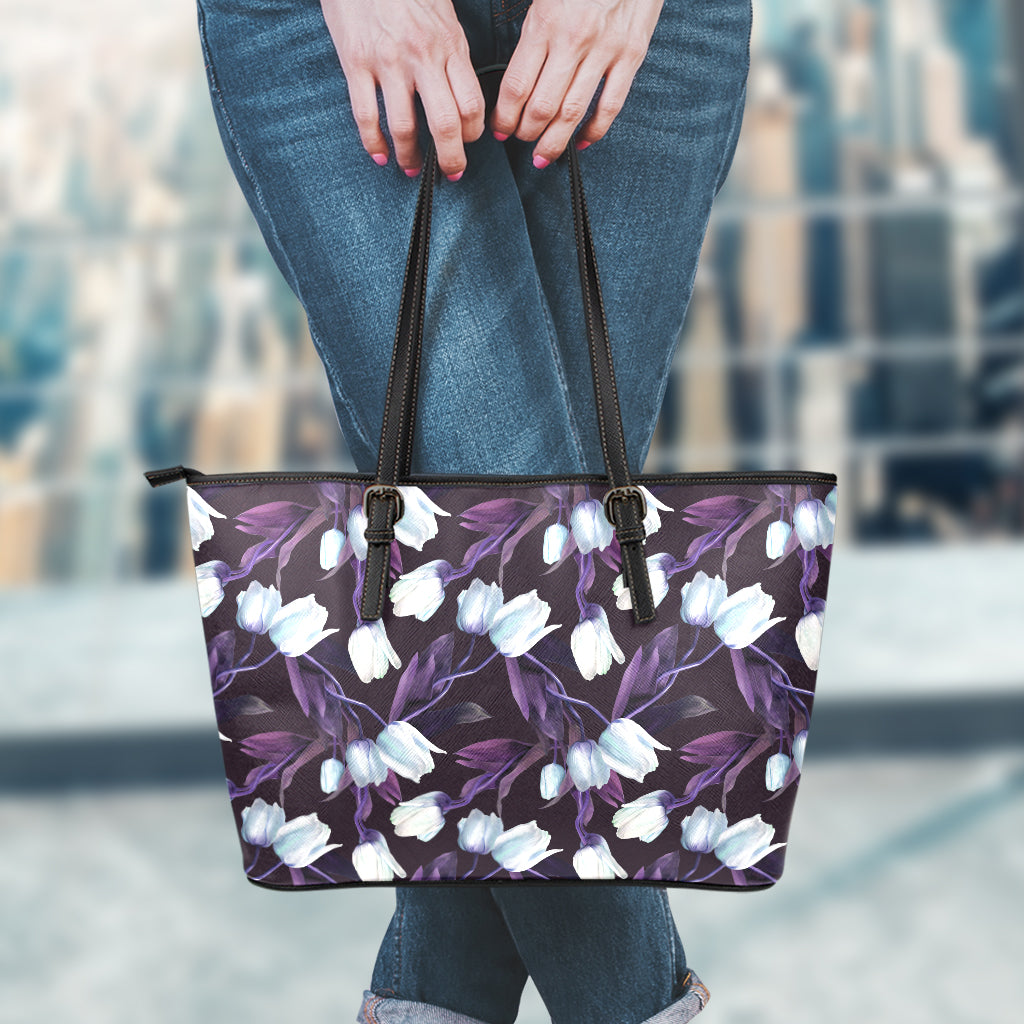 White And Purple Tulip Pattern Print Leather Tote Bag