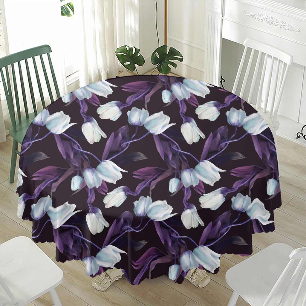 White And Purple Tulip Pattern Print Waterproof Round Tablecloth