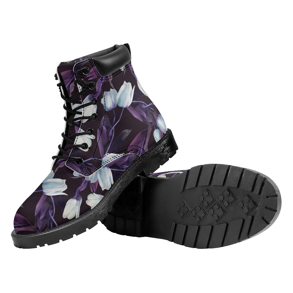 White And Purple Tulip Pattern Print Work Boots