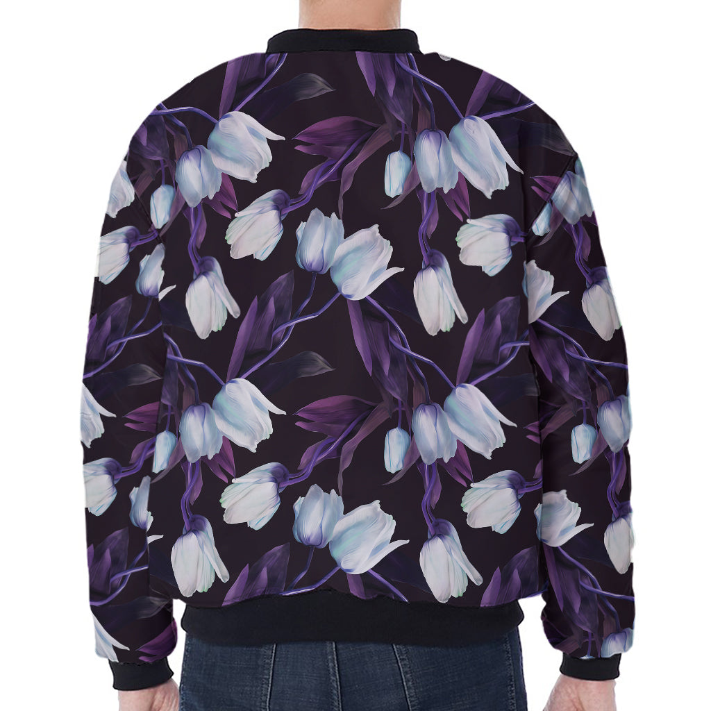 White And Purple Tulip Pattern Print Zip Sleeve Bomber Jacket
