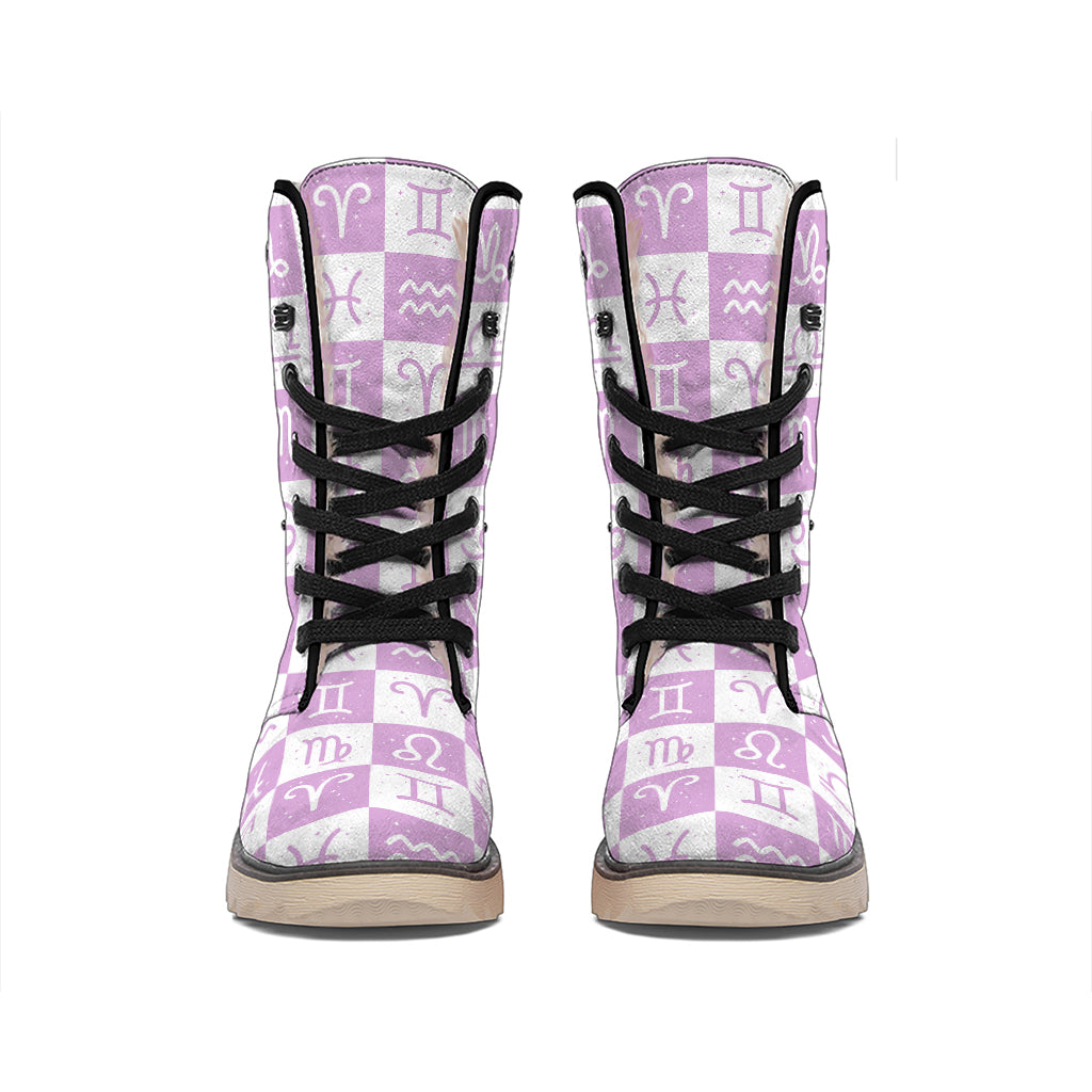 White And Purple Zodiac Signs Print Winter Boots