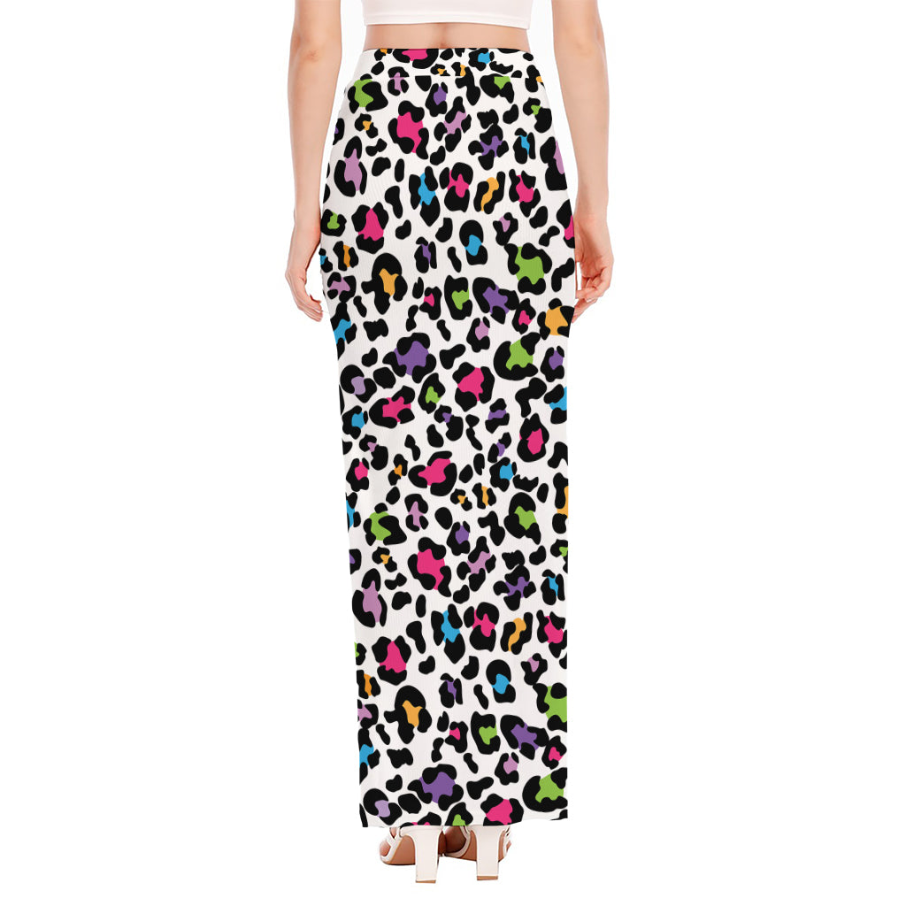 White And Rainbow Leopard Print High Slit Maxi Skirt