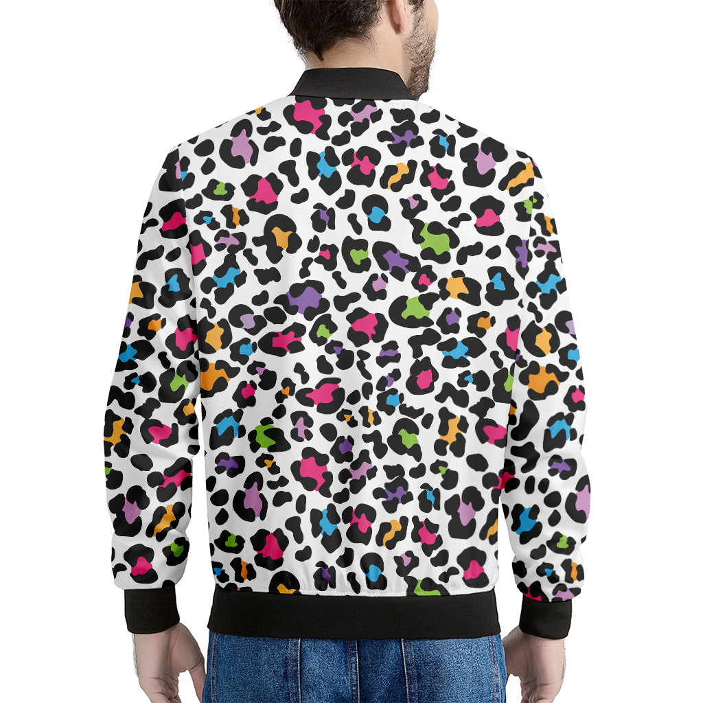 White And Rainbow Leopard Print Men's Bomber Jacket
