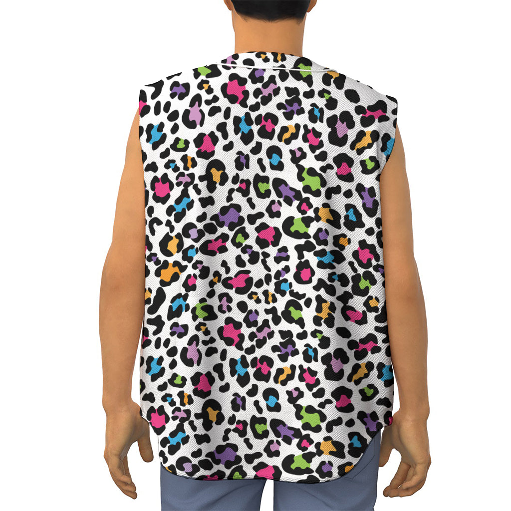 White And Rainbow Leopard Print Sleeveless Baseball Jersey