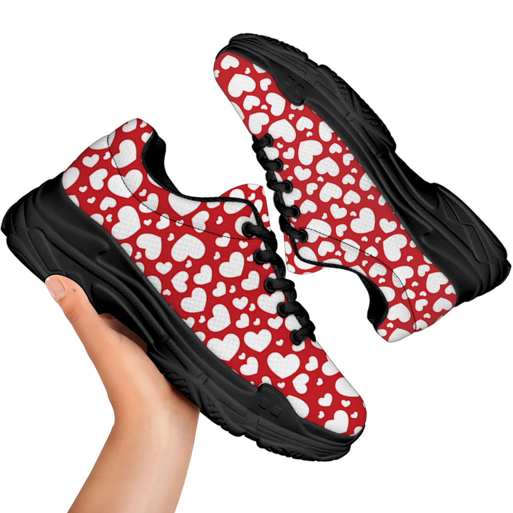 White And Red Heart Pattern Print Black Chunky Shoes