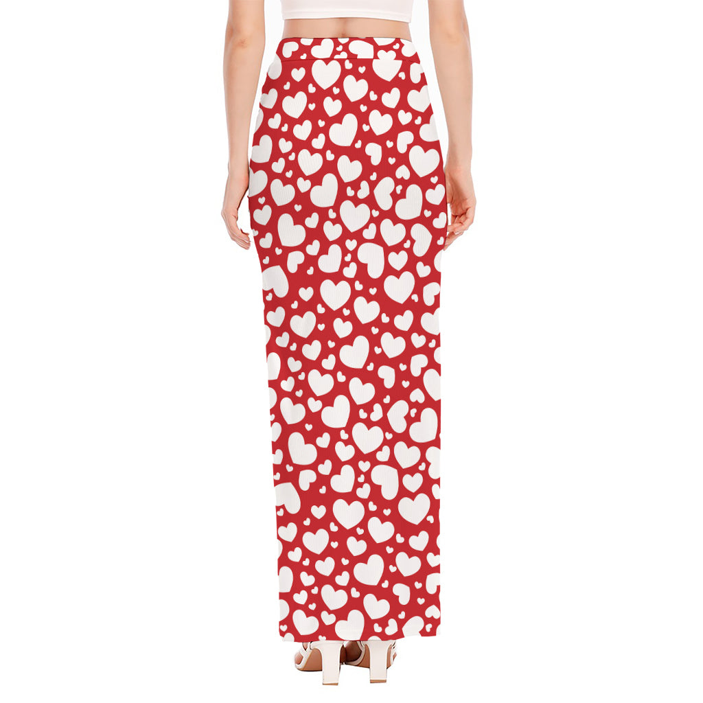 White And Red Heart Pattern Print High Slit Maxi Skirt