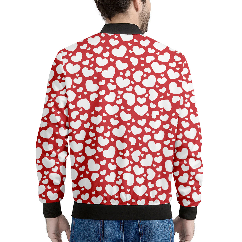 White And Red Heart Pattern Print Men's Bomber Jacket