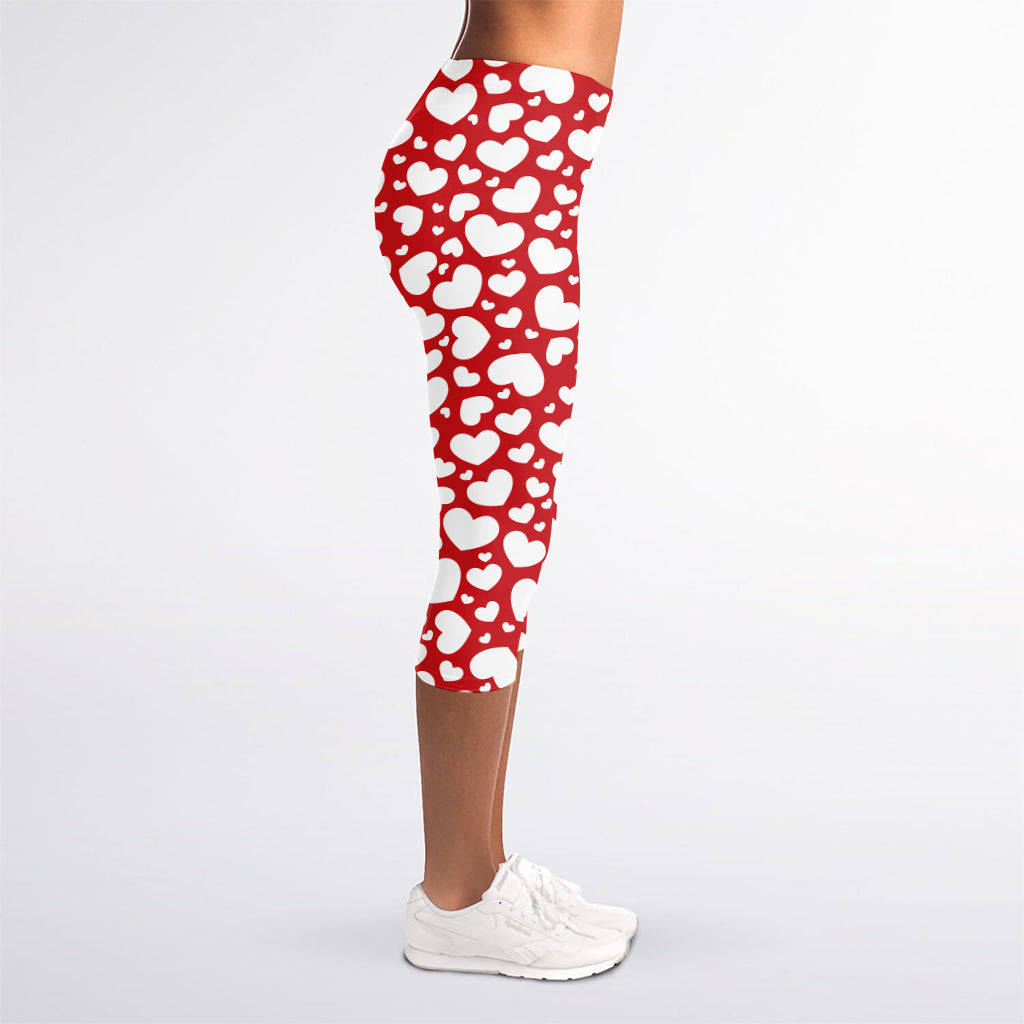White And Red Heart Pattern Print Women's Capri Leggings